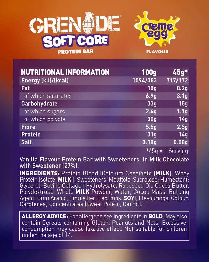 Grenade Soft Core Protein Bar Creme Egg 18x45g | 13g Protein | Halal